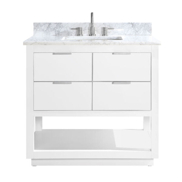 White 37-Inch Bath vanity with Silver Trim and Carrara White Marble Top, image 1