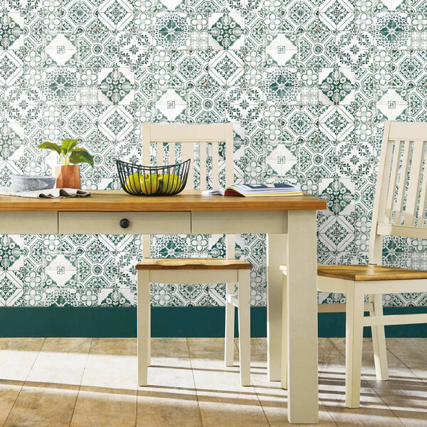 Teal Mediterranean Tile Peel and Stick Wallpaper, image 6