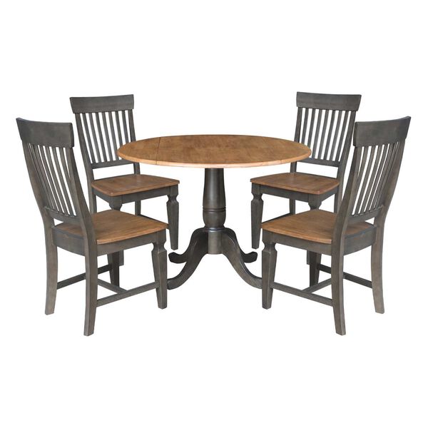 Hickory Washed Coal Round Dual Drop Leaf Dining Table with Four Slatback Chairs, 5 Piece Set, image 1
