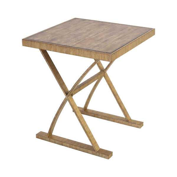 Better Ending Bright Aged Gold and Solid Brown Stained Pine Side Table, image 2