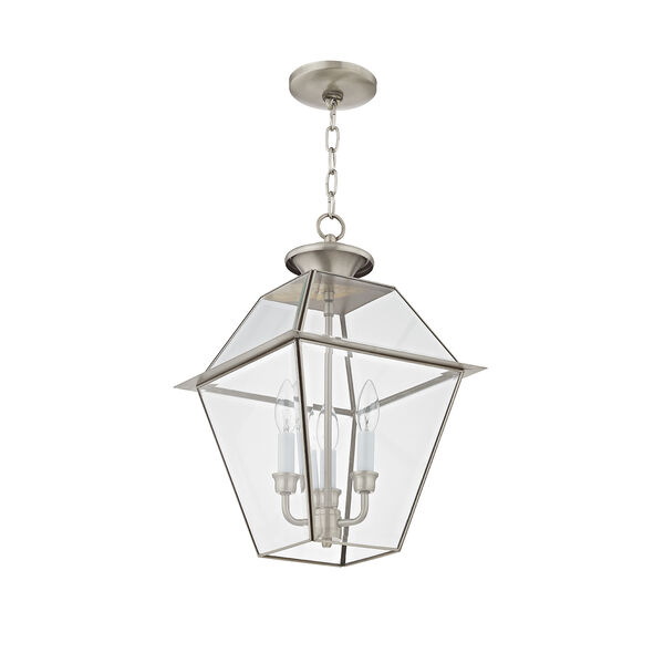 Westover Brushed Nickel 12-Inch Three-Light Outdoor Chain-Hang Lantern with Clear Beveled Glass, image 5