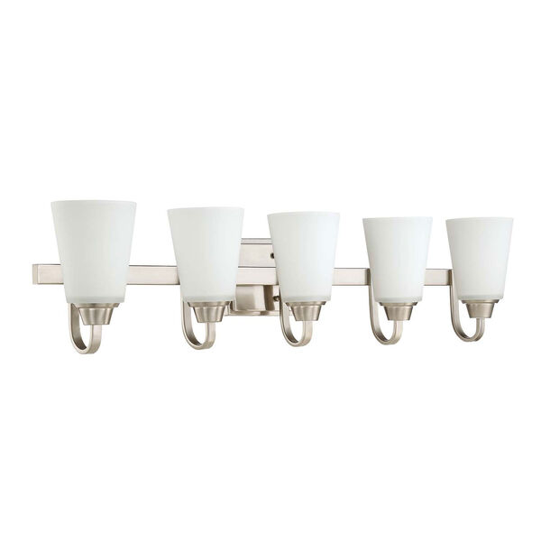 Grace Brushed Nickel Five-Light Vanity with White Frosted Glass Shade, image 1
