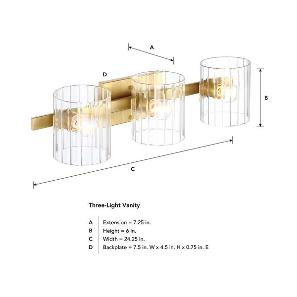 Aries Brushed Gold Three-Light Bath Vanity with Ribbed Glass Shades, image 5