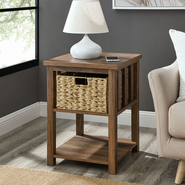 Rustic Oak Storage Side Table with Rattan Basket, image 3