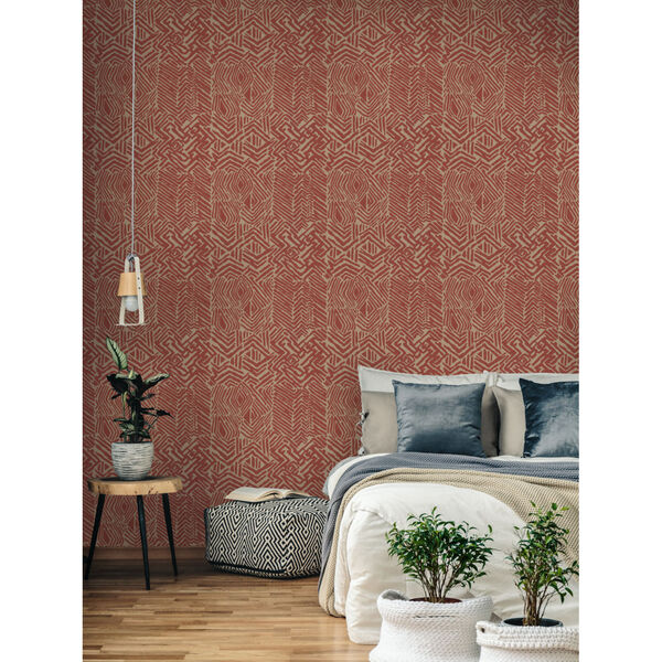 Ronald Redding Handcrafted Naturals Red and Tan Tribal Print Wallpaper, image 1