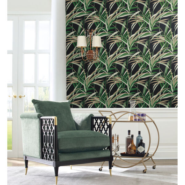 Tropics Green Black Tropical Paradise Pre Pasted Wallpaper - SAMPLE SWATCH ONLY, image 1