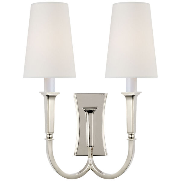Delphia Large Double Arm Sconce in Polished Nickel with Linen Shade by Thomas O'Brien, image 1