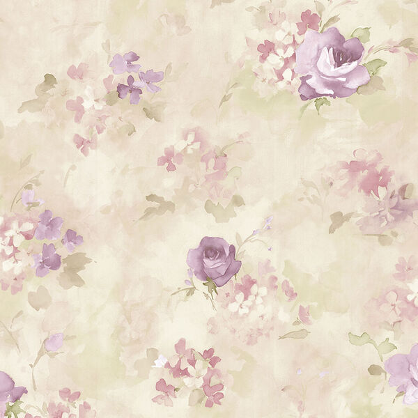 Morning Dew Purple, Cream and Pink Floral Wallpaper - SAMPLE SWATCH ONLY, image 1