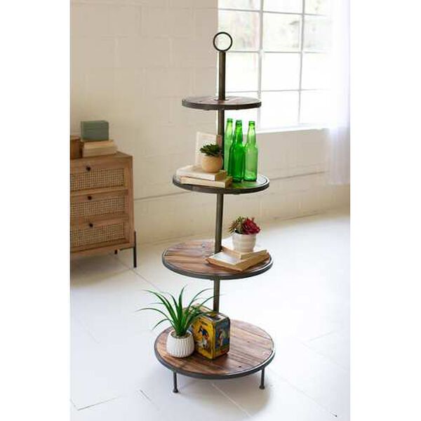 Rattan Wood Four Tiered Recycled Wood and Metal Display Tower, image 1
