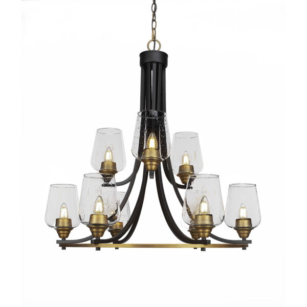 Paramount Matte Black and Brass 31-Inch Nine-Light Chandelier with Clear Bubble Glass Shade, image 1