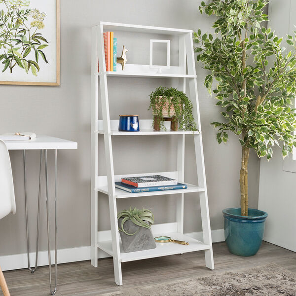55-Inch Wood Ladder Bookshelf - White, image 1