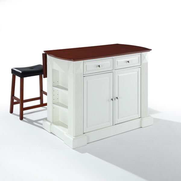 Drop Leaf Breakfast Bar Top Kitchen Island in White Finish with 24-Inch Cherry Upholstered Saddle Stools, image 2