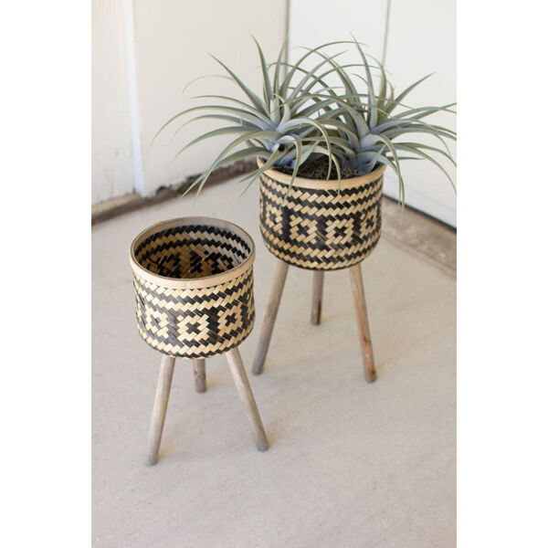 Black and Natural Woven Plant Stand with Wood Leg, Set of Two, image 3