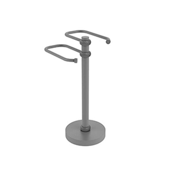Matte Gray Eight-Inch Free Standing Two Arm Guest Towel Holder with Twisted Ring Detail, image 1