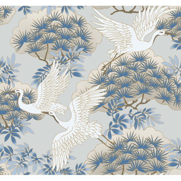 Ronald Redding Tea Garden Light Blue Sprig and Heron Wallpaper, image 2