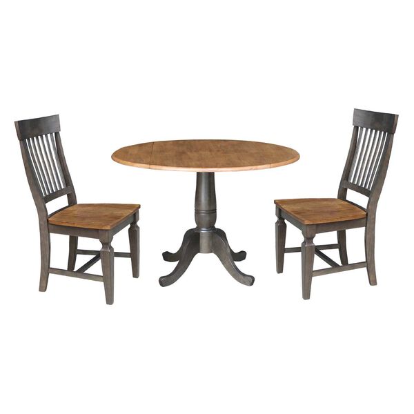 Hickory Washed Coal Round Dual Drop Leaf Dining Table with Two Slatback Chairs, 3 Piece Set, image 1