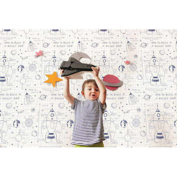 Day Dreamers White and Navy Rocket Ship Unpasted Wallpaper, image 2