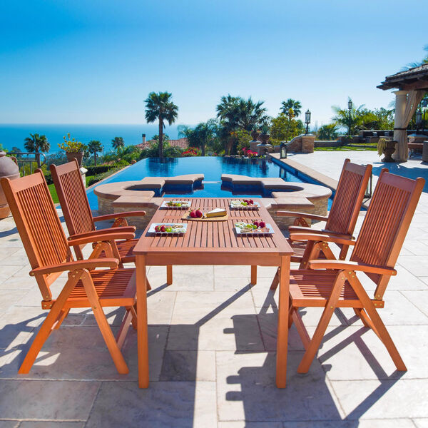 Malibu Outdoor 5-piece Wood Patio Dining Set with Reclining Chairs, image 2