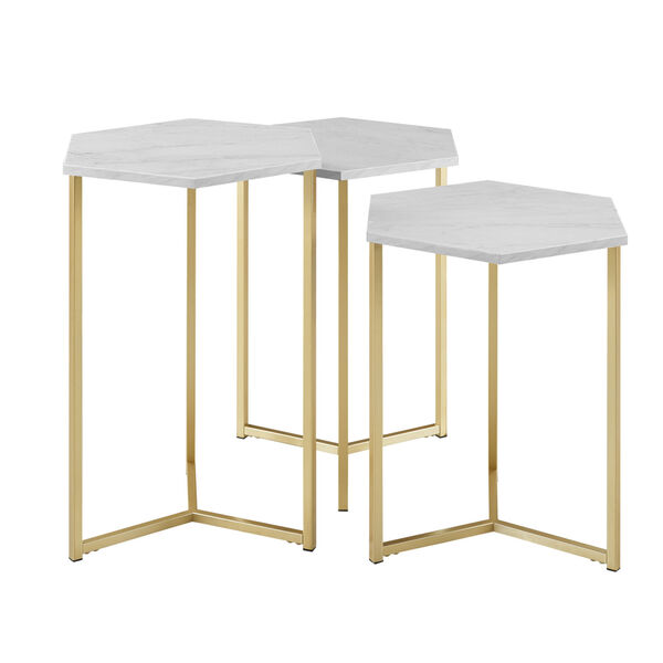 Faux White Marble and Gold Nesting Tables, Set of 3, image 2