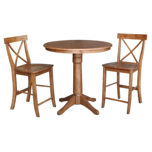 Distressed Oak 36-Inch Round Pedestal Gathering Table with Two X-Back Counter Height Stool, Set of Three, image 2