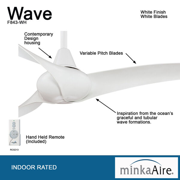 Wave 52-Inch Ceiling Fan in White with Three Blades, image 3