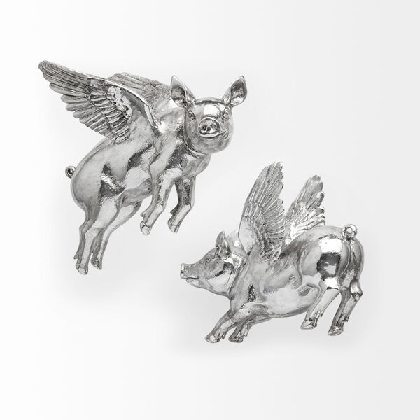 Hogbadi Silver Flying Pig Wall Sculpture, Set of Two, image 3