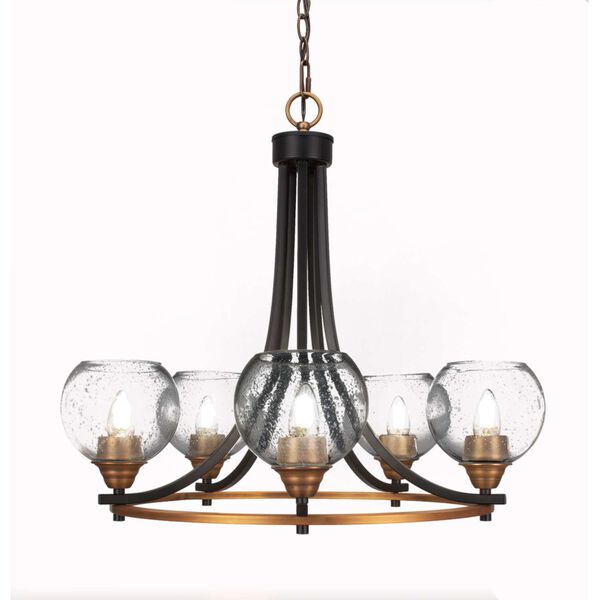 Paramount Matte Black and Brass Five-Light Chandelier with Seven-Inch Clear Bubble Glass, image 1