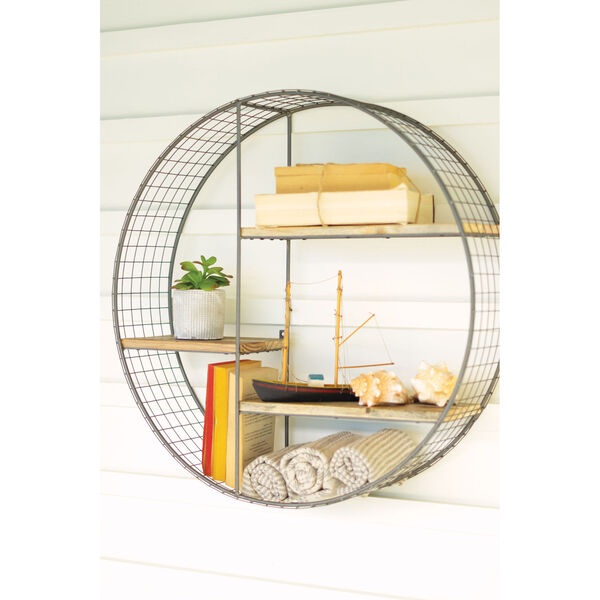 Silver Round Wire Mesh and Recycled Wood Shelving Unit, image 3