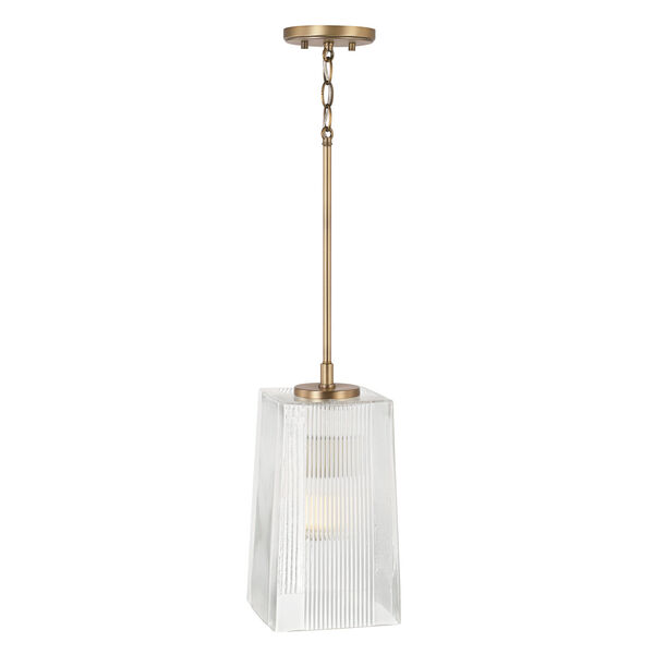 Lexi Aged Brass One-Light Tapered Rectangular Pendant with Clear Fluted Glass, image 1