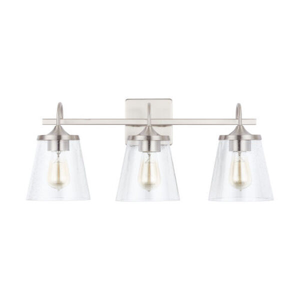 Brushed Nickel Three-Light Bath Vanity with Clear Seeded Glass, image 1