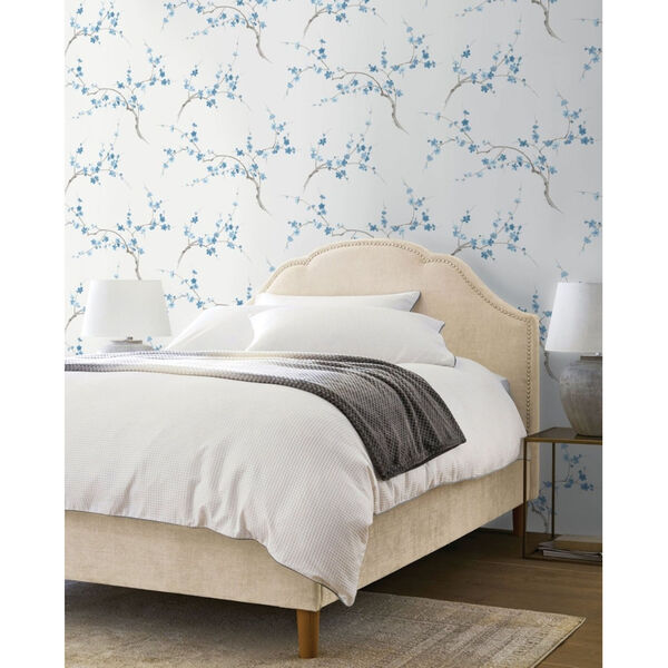 NextWall Blue White Cherry Blossom Floral Peel and Stick Wallpaper, image 4