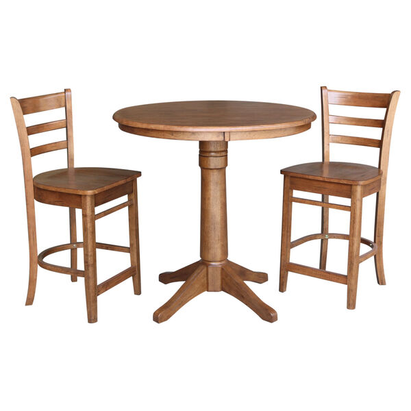 Emily Distressed Oak 36-Inch Round Top Pedestal Table with Two Counter Height Stool, Set of Three, image 3