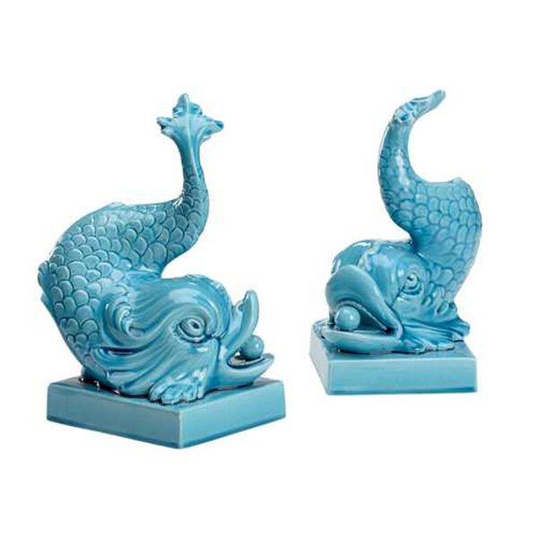 Newport Mansions Turquoise Glaze Italian Renaissance Dolphin Figurine, Set of 2, image 1