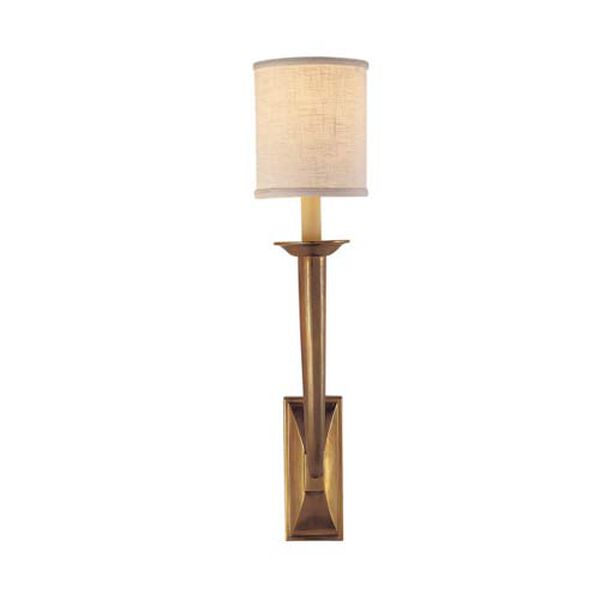 French Deco Horn Sconce in Hand-Rubbed Antique Brass with Linen Shade by Studio VC, image 1