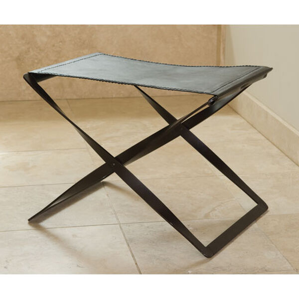 Folding Iron and Brown Leather Stool, image 1