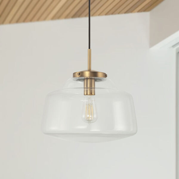 Dillon Aged Brass One-Light Cord Hung Pendant with Clear Glass, image 2