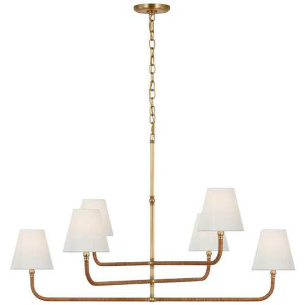 Basden Burnished Brass and Natural Six-Light Extra Large Chandelier with Linen Shades by Chapman and Myers, image 1