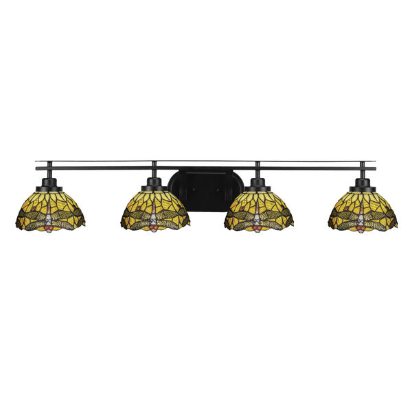 Odyssey Matte Black Four-Light Bath Vanity with Amber Dragonfly Art Glass, image 1