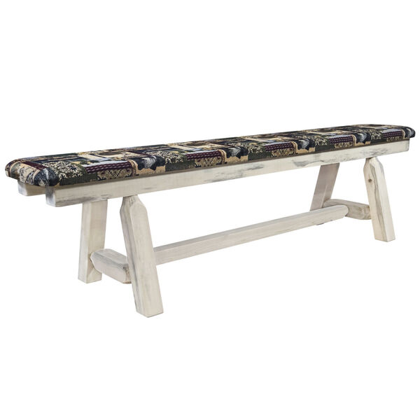 Homestead Clear Lacquer 6 Foot Plank Style Bench with Woodland Upholstery, image 1