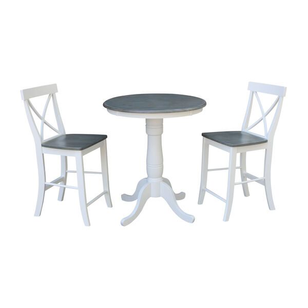 White and Heather Gray 30-Inch Round Pedestal Gathering Height Table With X-Back Counter Height Stools, Three-Piece, image 1