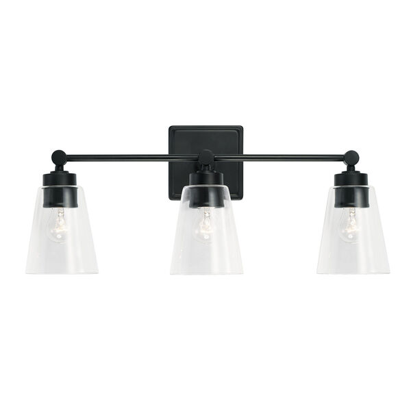 Rory Matte Black Three-Light Bath Vanity with Clear Cone Glass Shades, image 2