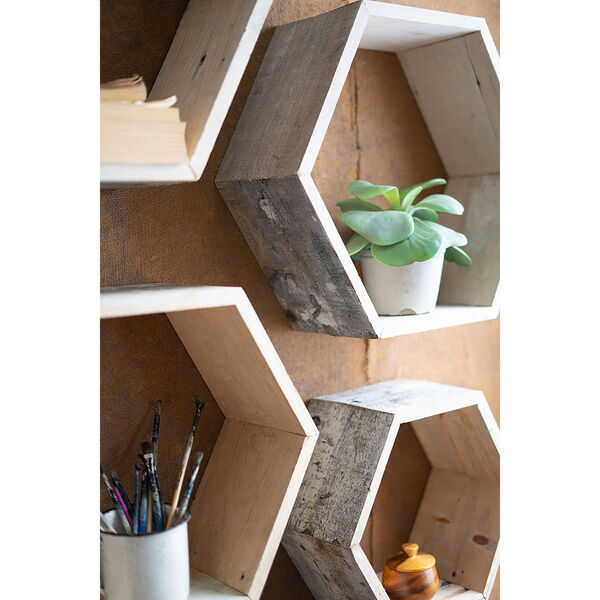 White Recycled Wooden Hexagon Wall Shelves, Set of 4, image 3