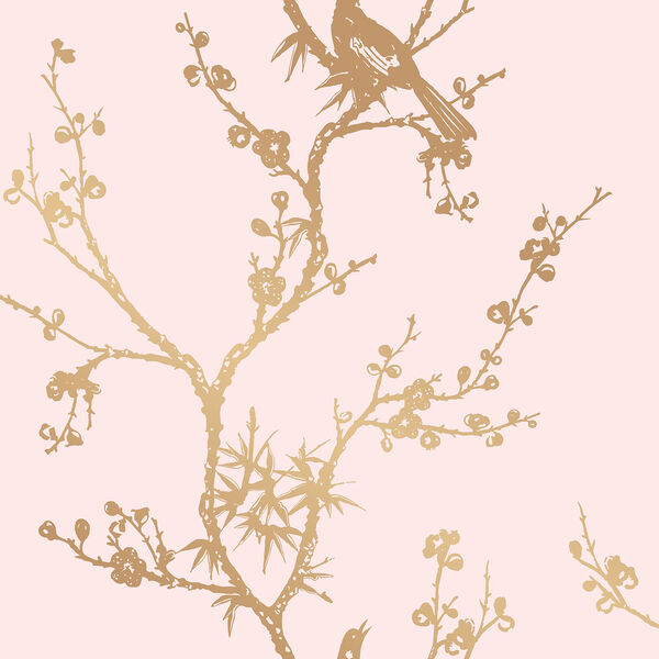 Bird Watching  Rose Pink and Gold Removable Wallpaper, image 2