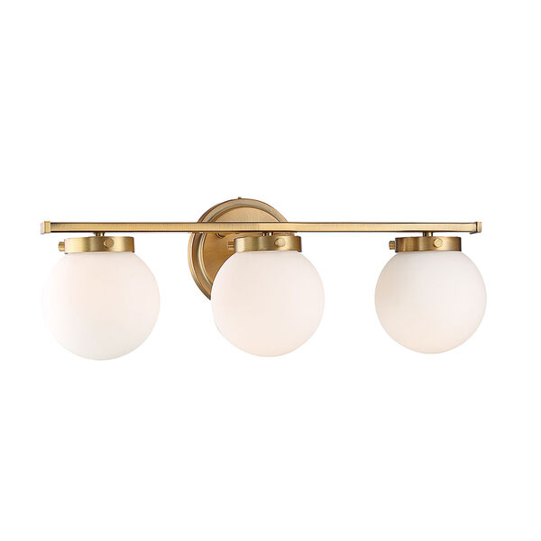 Nicollet Natural Brass Three-Light Bath Vanity with White Opal Glass, image 3