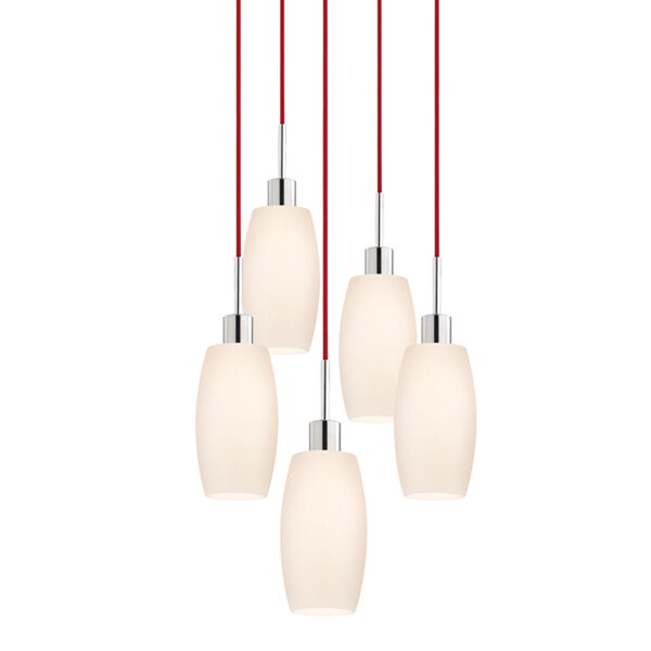 Five-Light Polished Chrome Drum Pendant with Red Cord and White Etched Cased Shade, image 1
