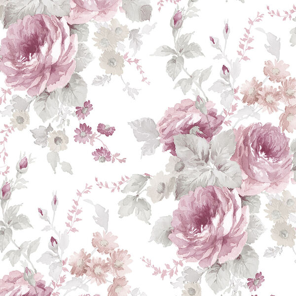 La Rosa Pink and Grey Floral Wallpaper, image 1