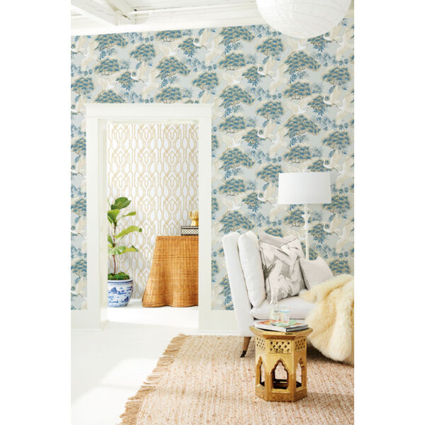 Ronald Redding Tea Garden Light Blue Sprig and Heron Wallpaper, image 4