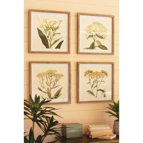 Rattan Wood Framed Flower Prints Under Glass, Set of Four, image 1
