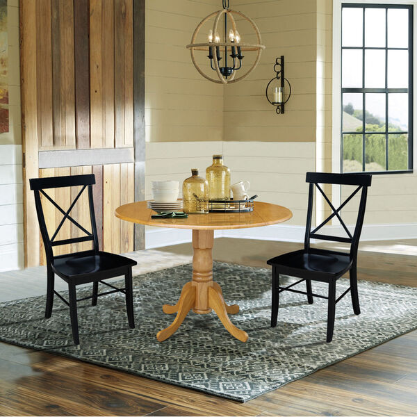 Oak and Black 42-Inch Dual Drop Leaf Dining Table with Two Cross Back Dining Chair, Three-Piece, image 2