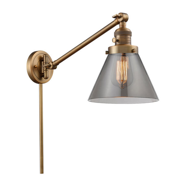 Large Cone Brushed Brass One-Light Swing Arm Wall Sconce with Smoked Glass, image 1